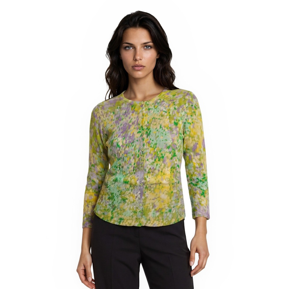 Garnet Hill 100% Merino Wool Cardigan Sweater Women's Size Medium Green Yellow
